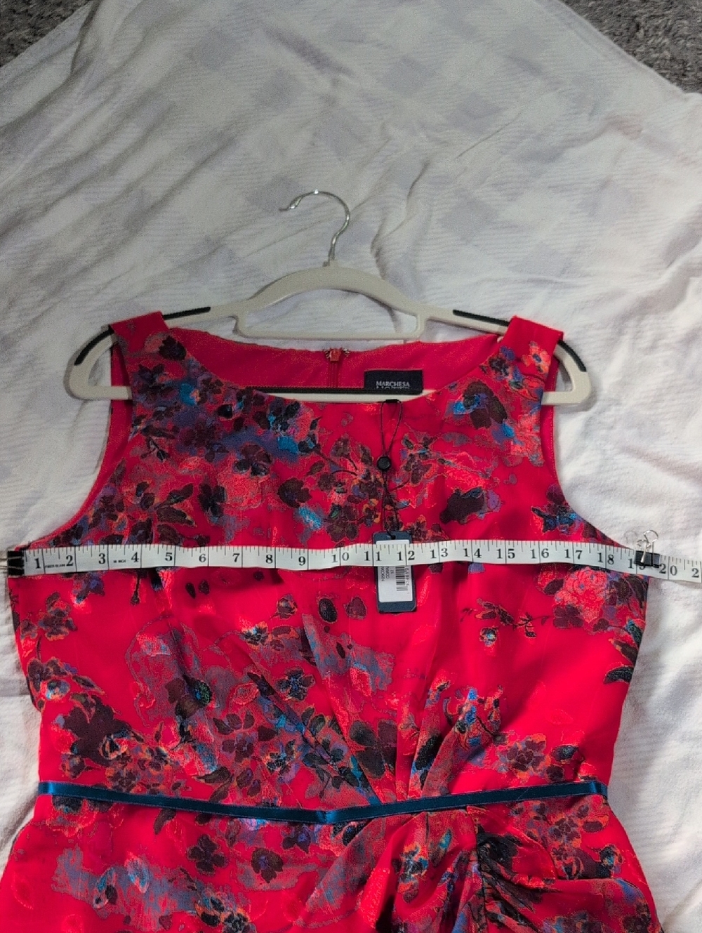 Marchesa Red Floral Sleeveless Midi Dress with Navy Floral Print Luxury - Picture 8 of 8